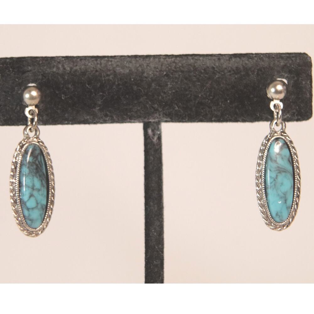 💎Dangle Drop Earrings Oval Blue Marble Stones On Silver Tone Metal
